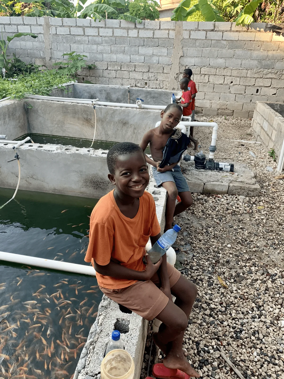 A boy sitting beside a fish tank in the compound garden